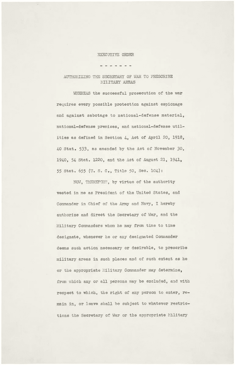 Executive order No. 9066 Authorizing Military Exclusion Zones